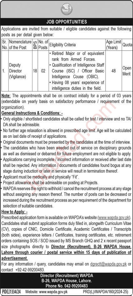 WAPDA announced Jobs opportunity  as a Deputy director Vigilance Posts November 2024