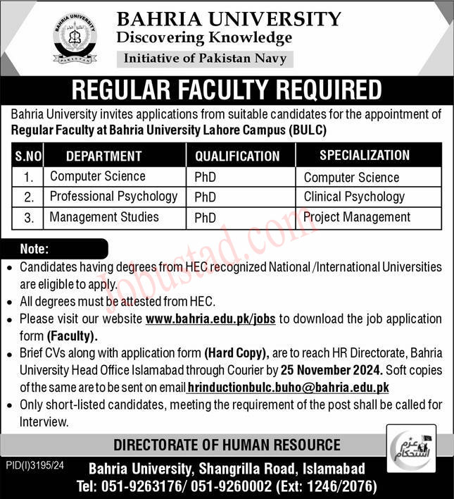 Bahria University announced jobs opportunities Lahore campus November 2024